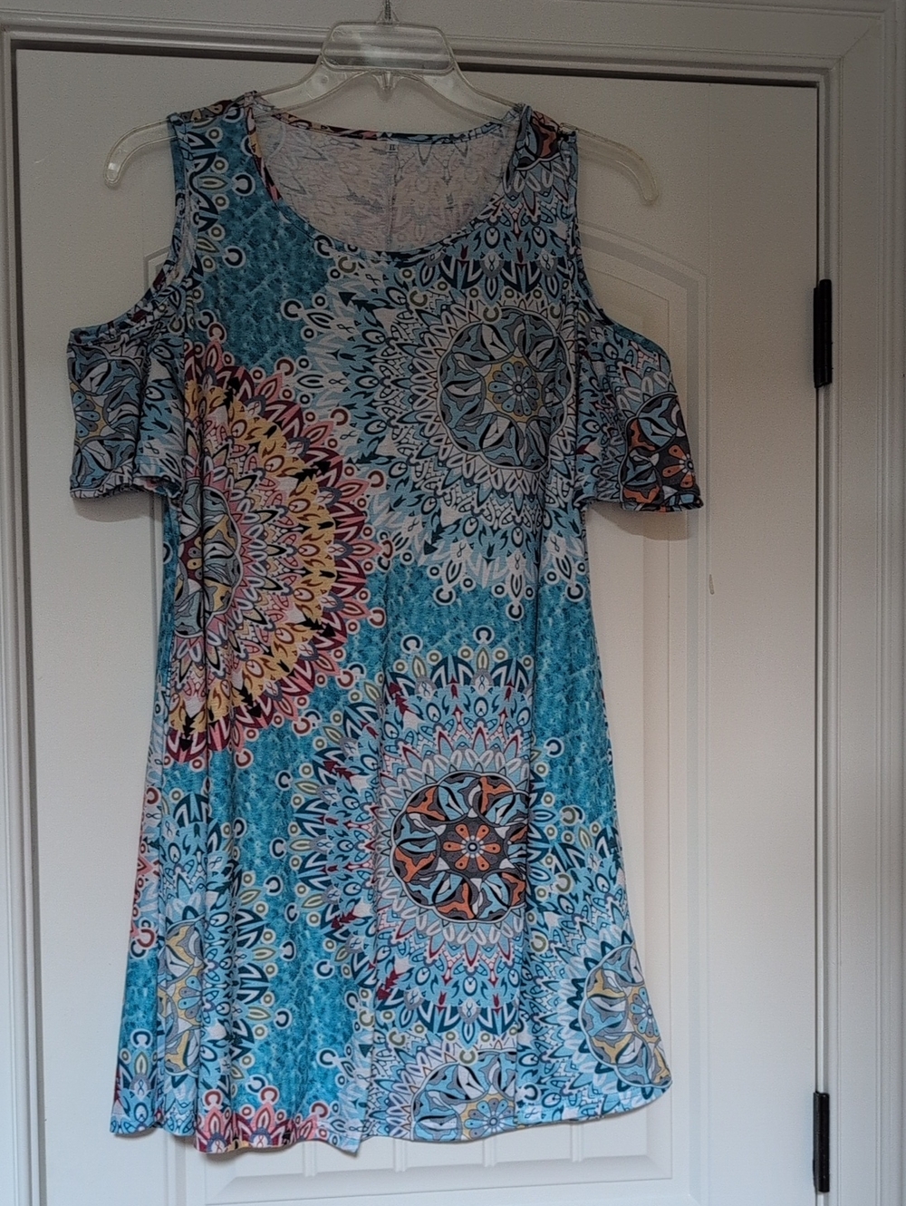 Cold-Shoulder Blue Mandala Print Dress, Size XL, Like New